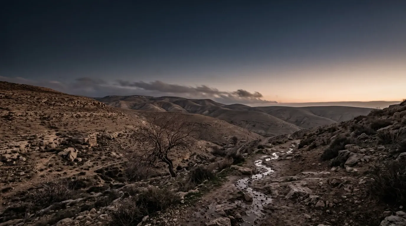 Thin clouds without rain driven by wind over dry hills, a bare autumn tree below.