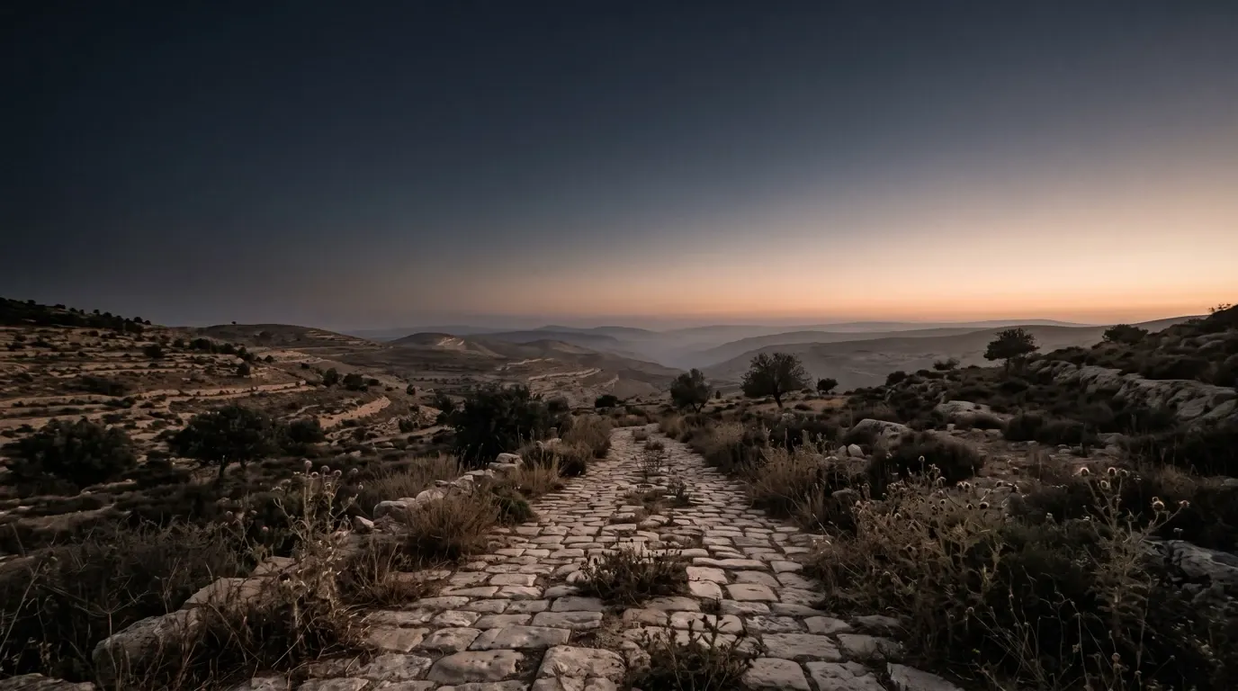An empty stone-paved road climbing into the hills, weeds grown between the stones.