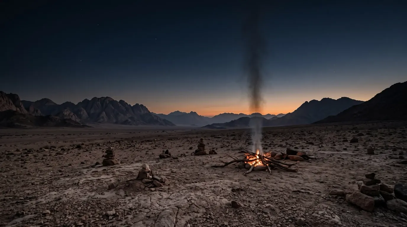 A thin column of smoke rising straight up from a low fire on bare desert ground, jagged red mountains behind.