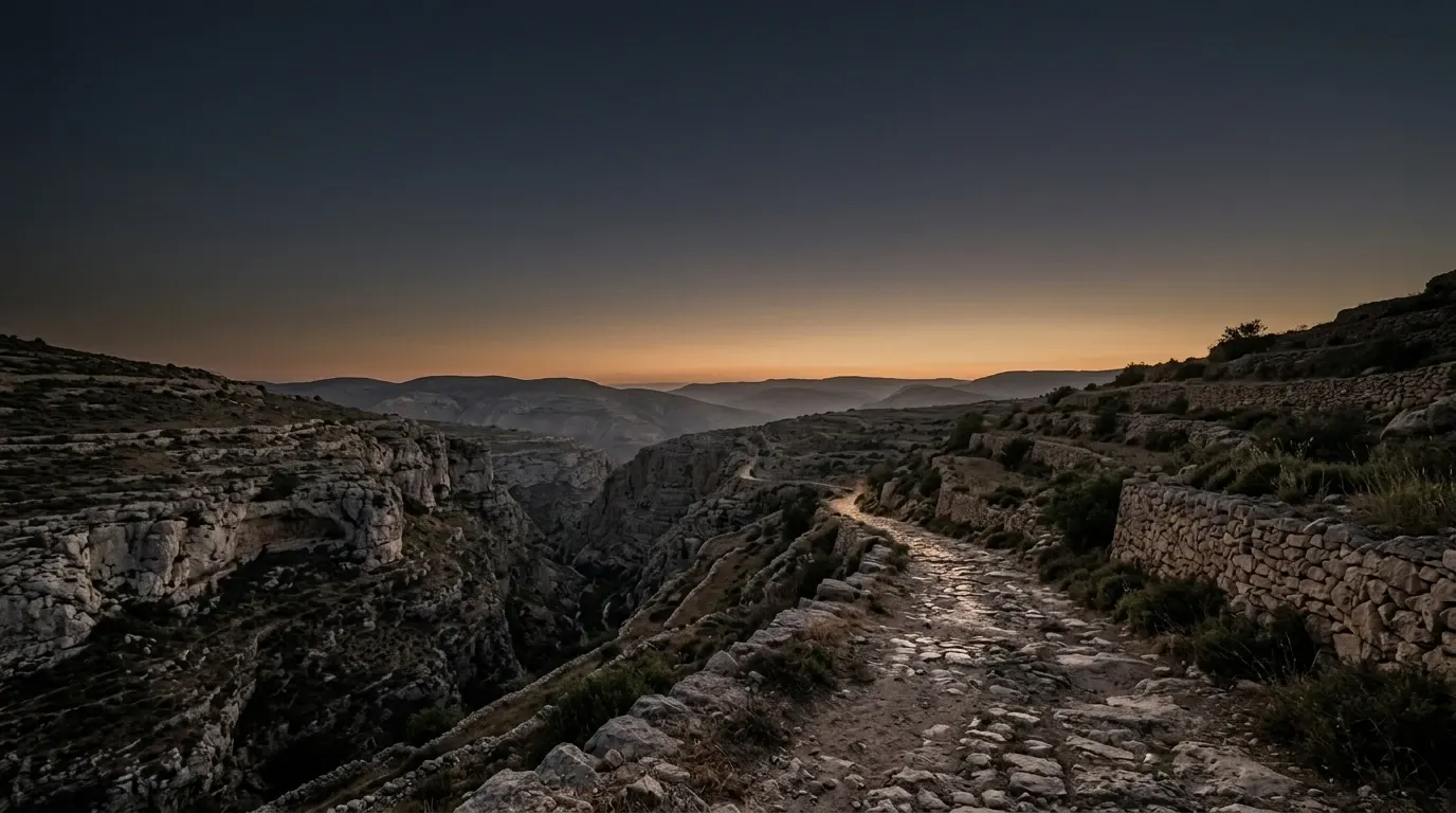 A stony road descending through a steep dry limestone gorge, the track falling away between bare rock walls.