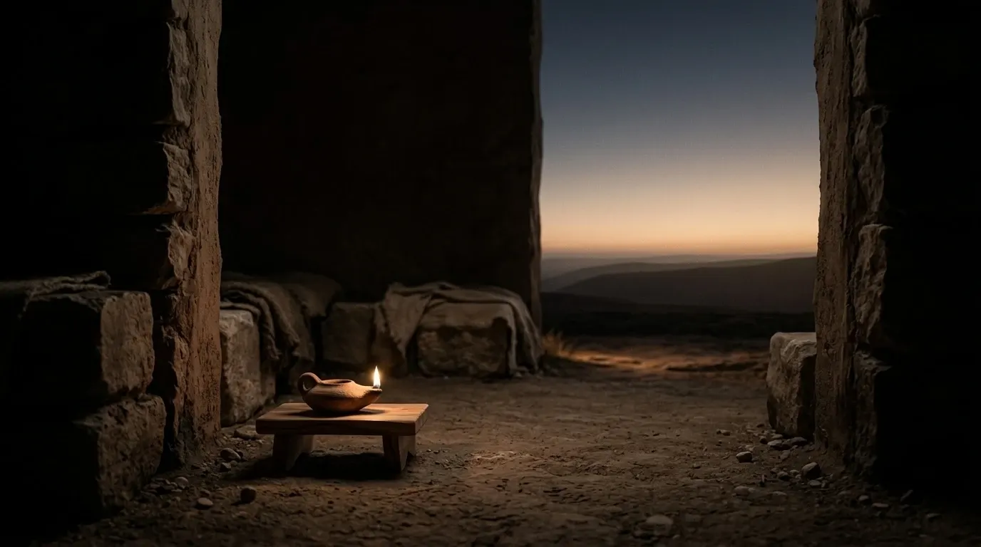 A small unglazed clay oil lamp on a plain olive wood stand in a bare room of packed earth.