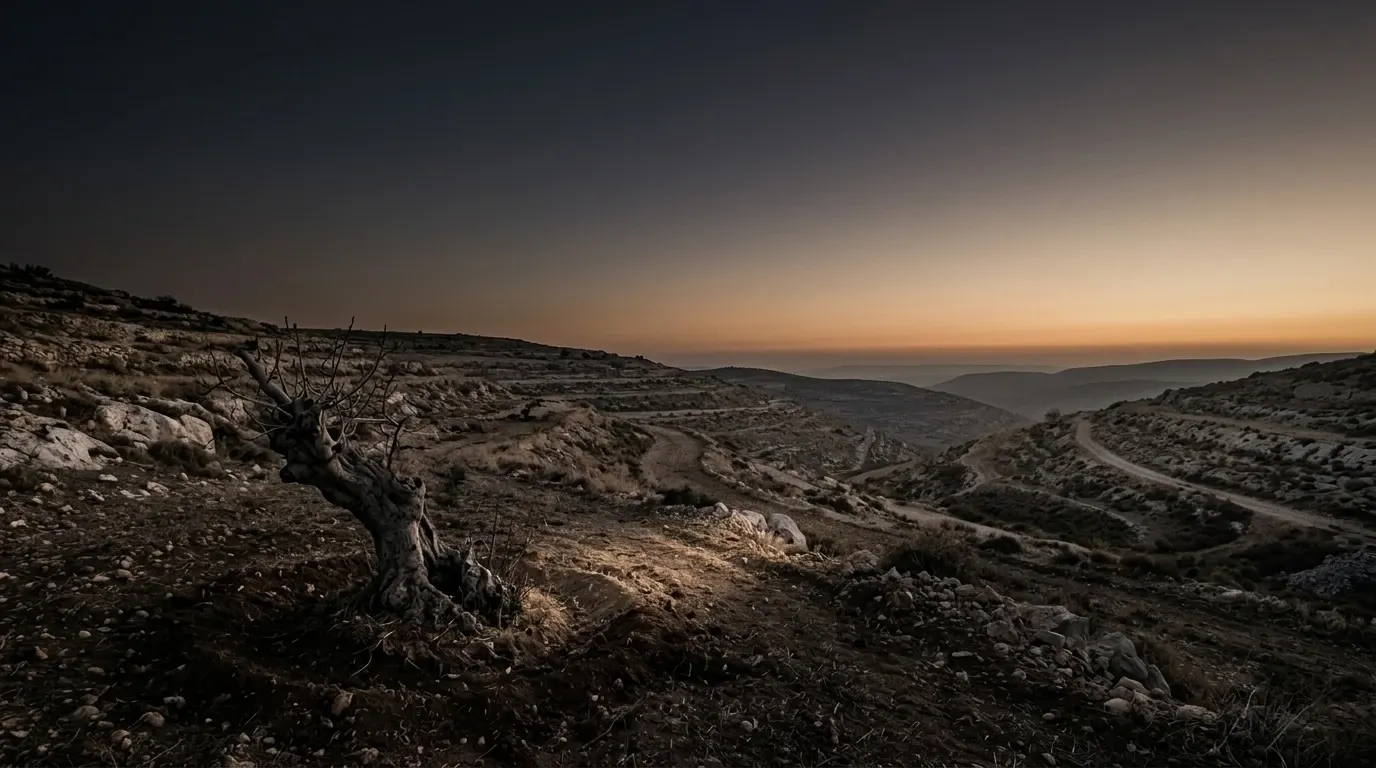 The thick low trunk of an old fig tree in bare tilled ground, the earth freshly dug open around its roots.