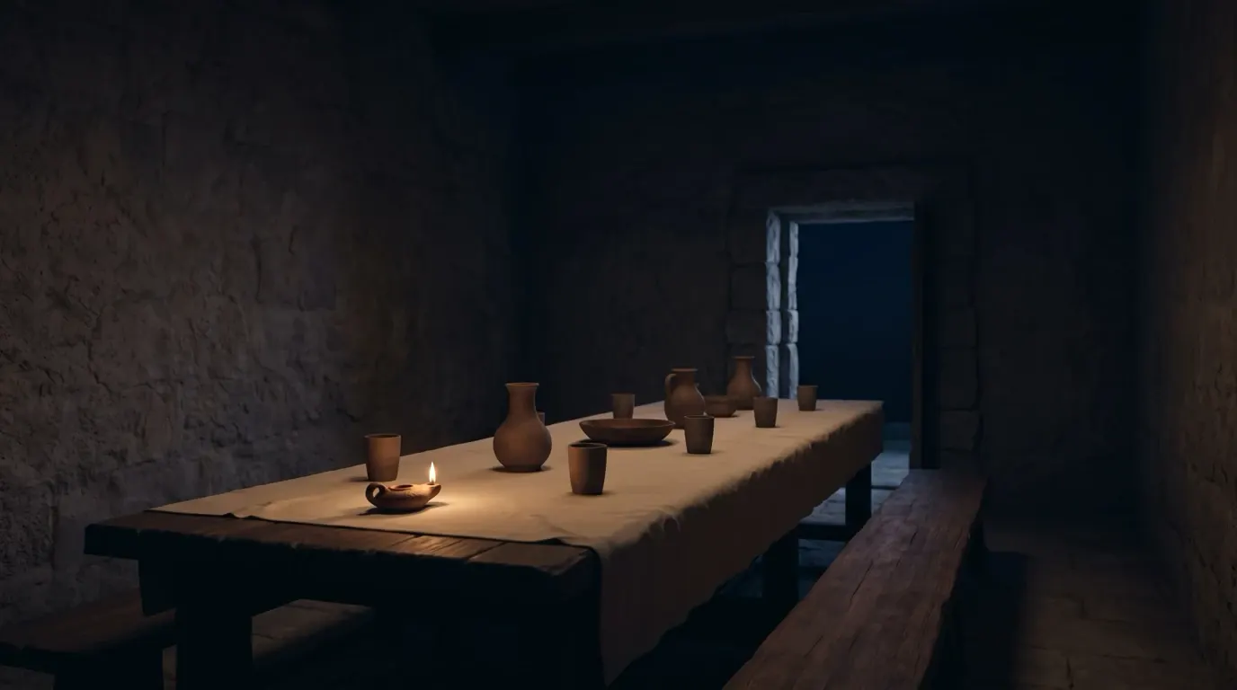 A long table laid for a great supper with every place empty, the door at the far end standing open.
