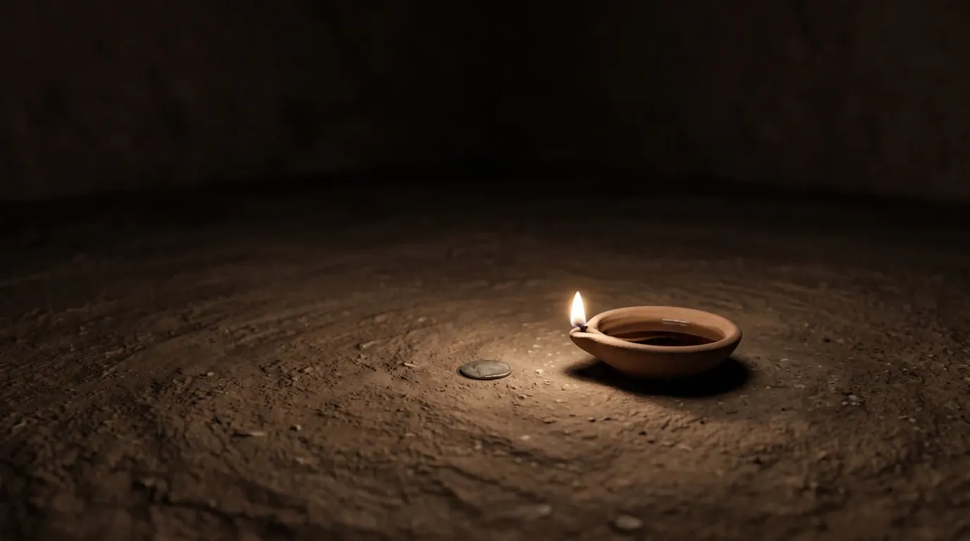 A swept earthen floor under one low lamp, a single small coin catching the light at the edge of the room.
