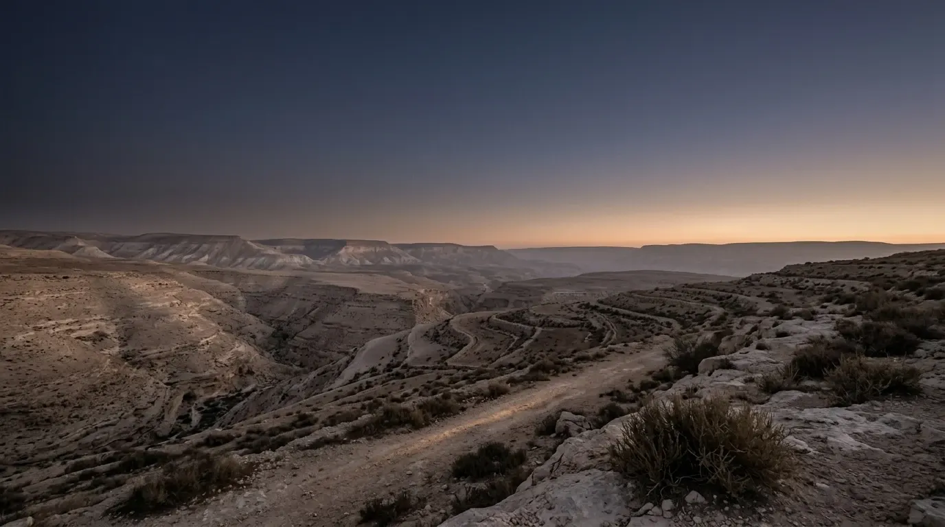 A deep dry ravine splitting a plateau of pale rock, the far rim standing out of reach across it.