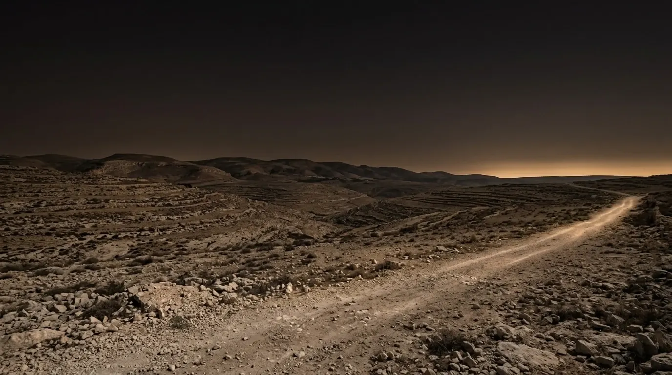 Open dry country where two shallow valleys meet, scattered stone and a worn track crossing it.