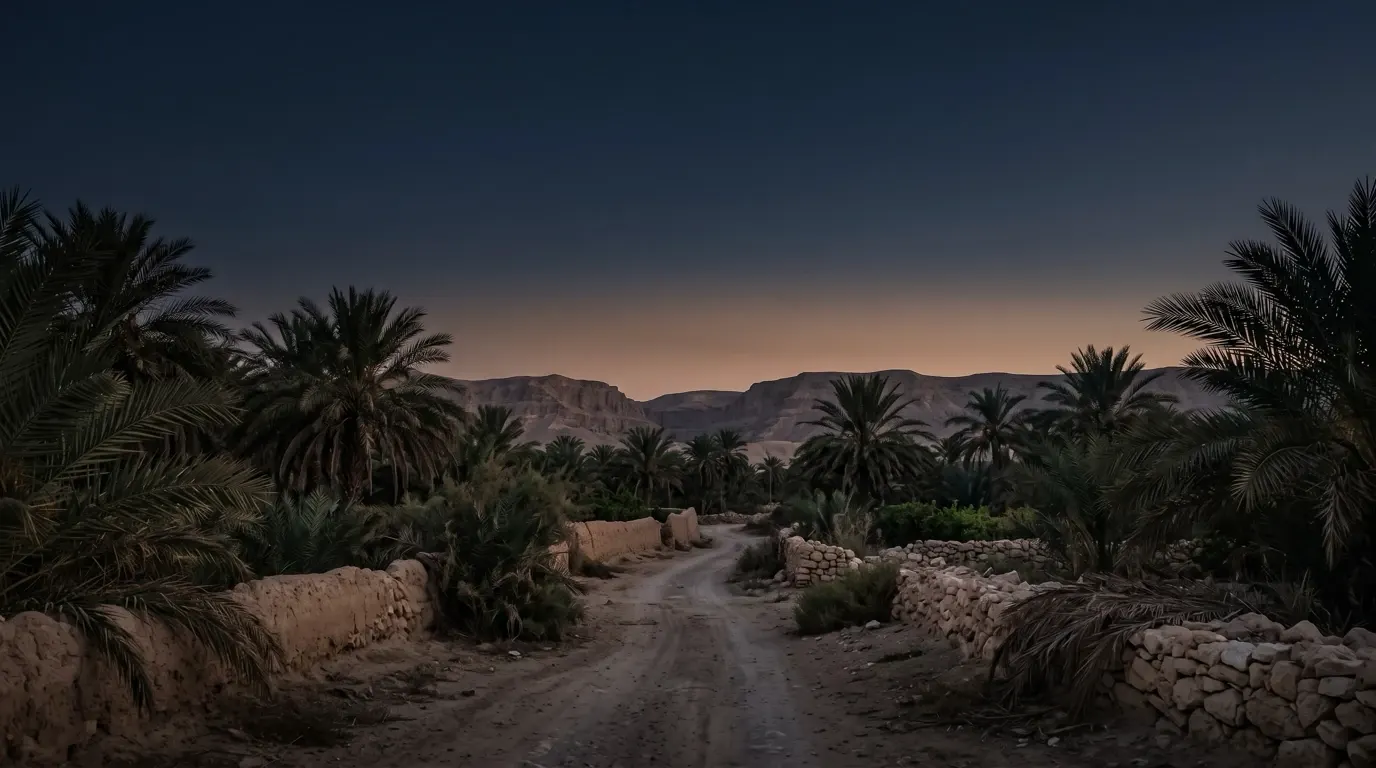 A dusty road between date palms and garden walls at the edge of an oasis.
