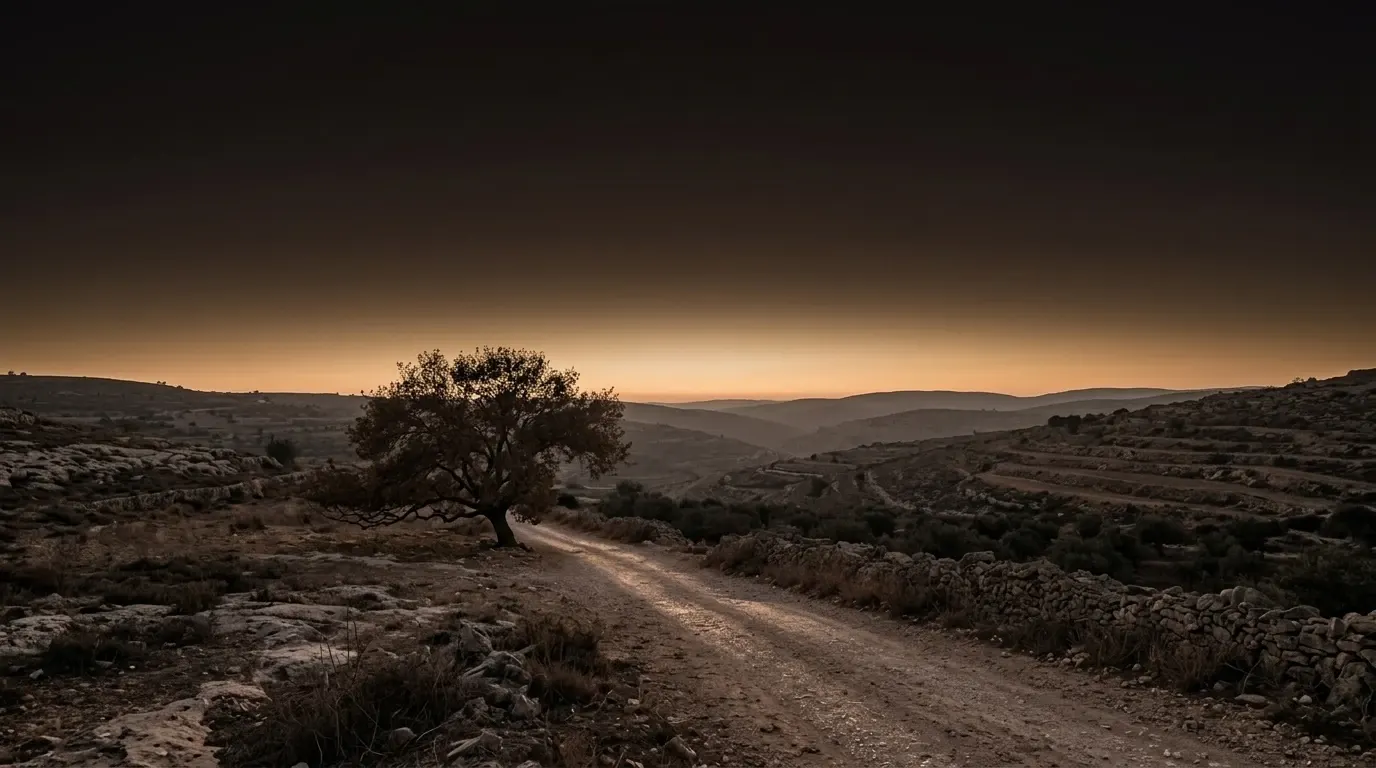 A broad old tree with low spreading branches standing alone beside a dusty road.