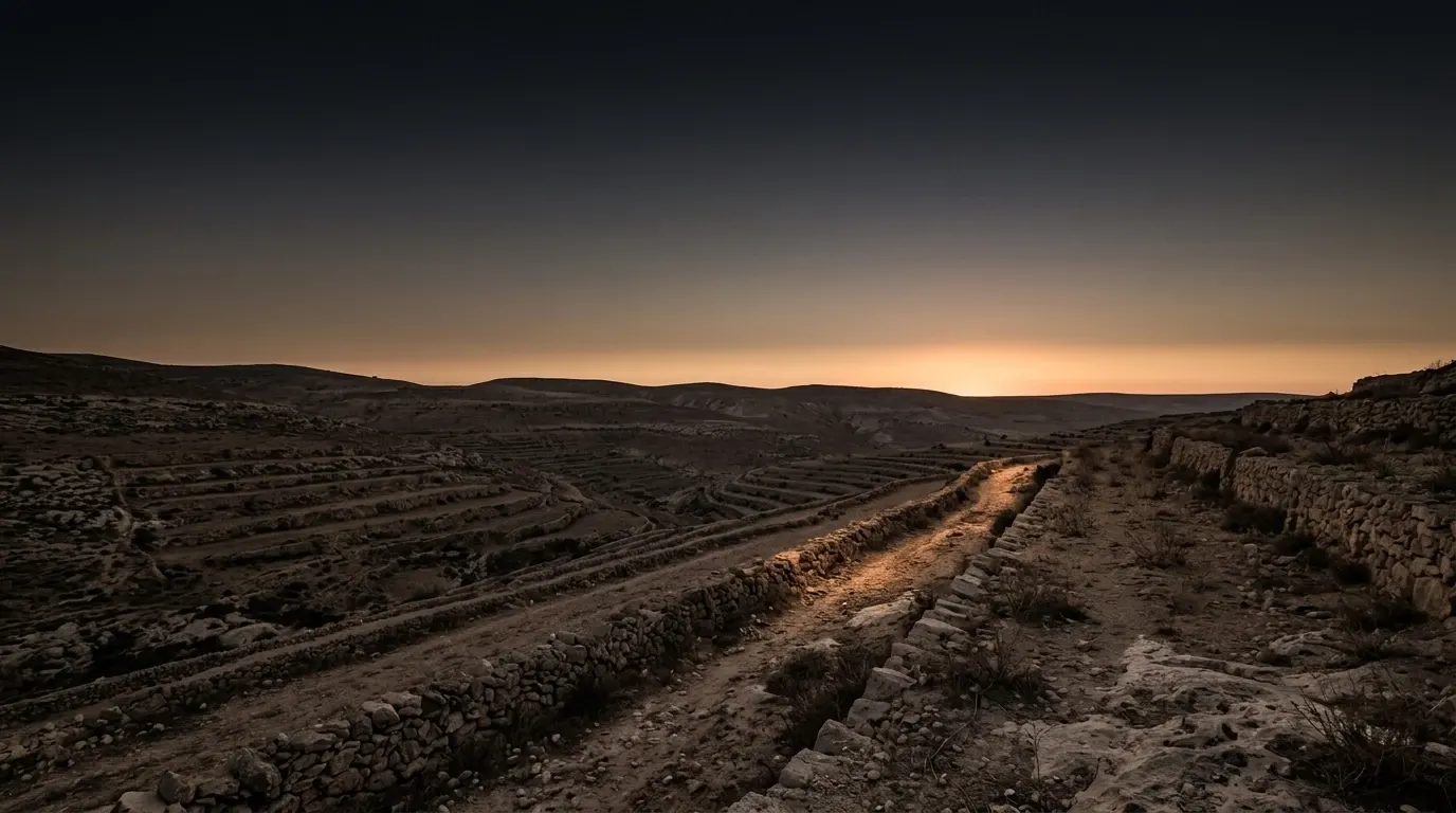 Dry terraced limestone hill country, low bare stone retaining walls holding narrow fields, folding away to a far ridge.