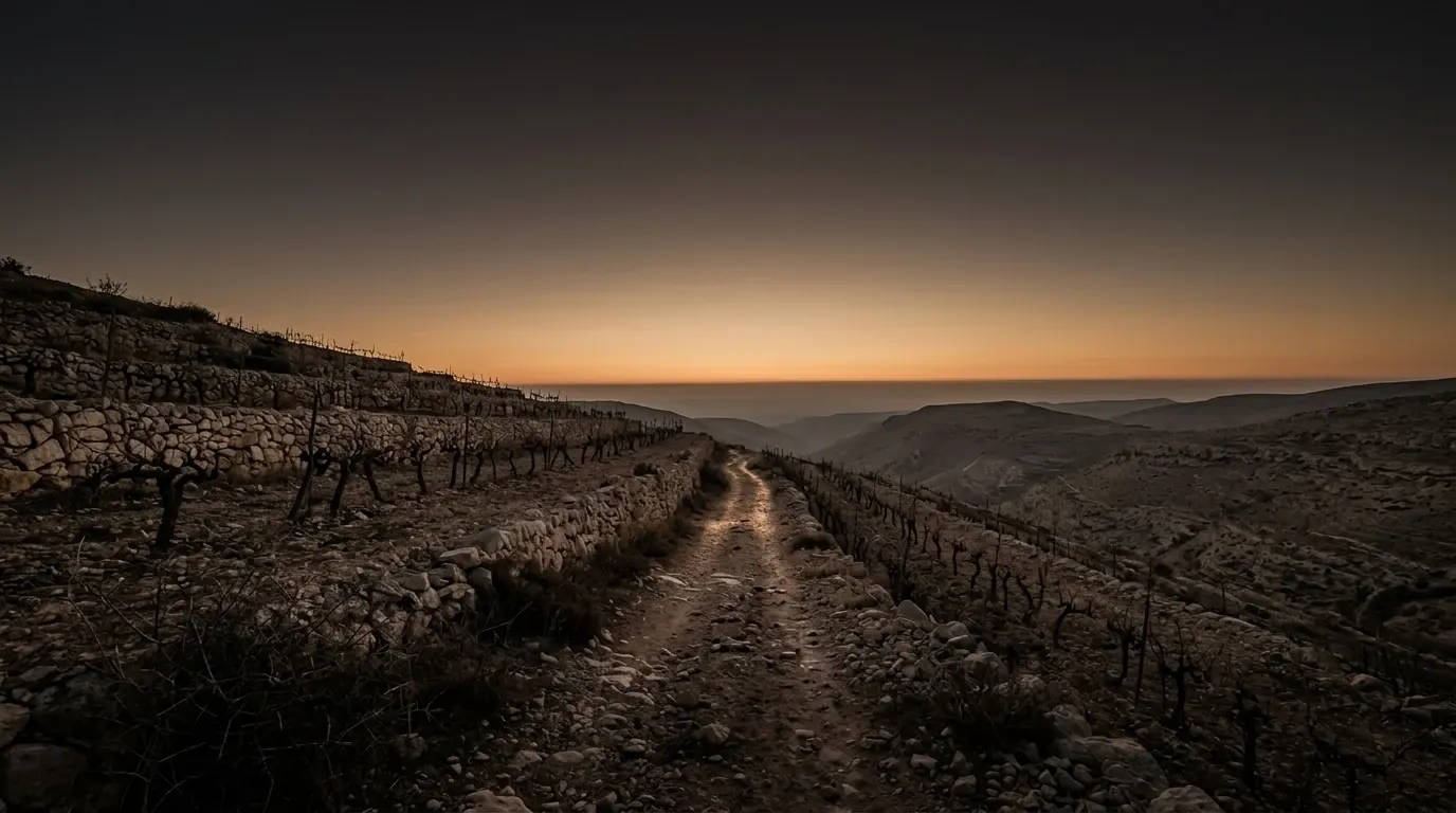 Rows of old vine stocks on a dry terraced slope, low stone terrace walls holding the soil.