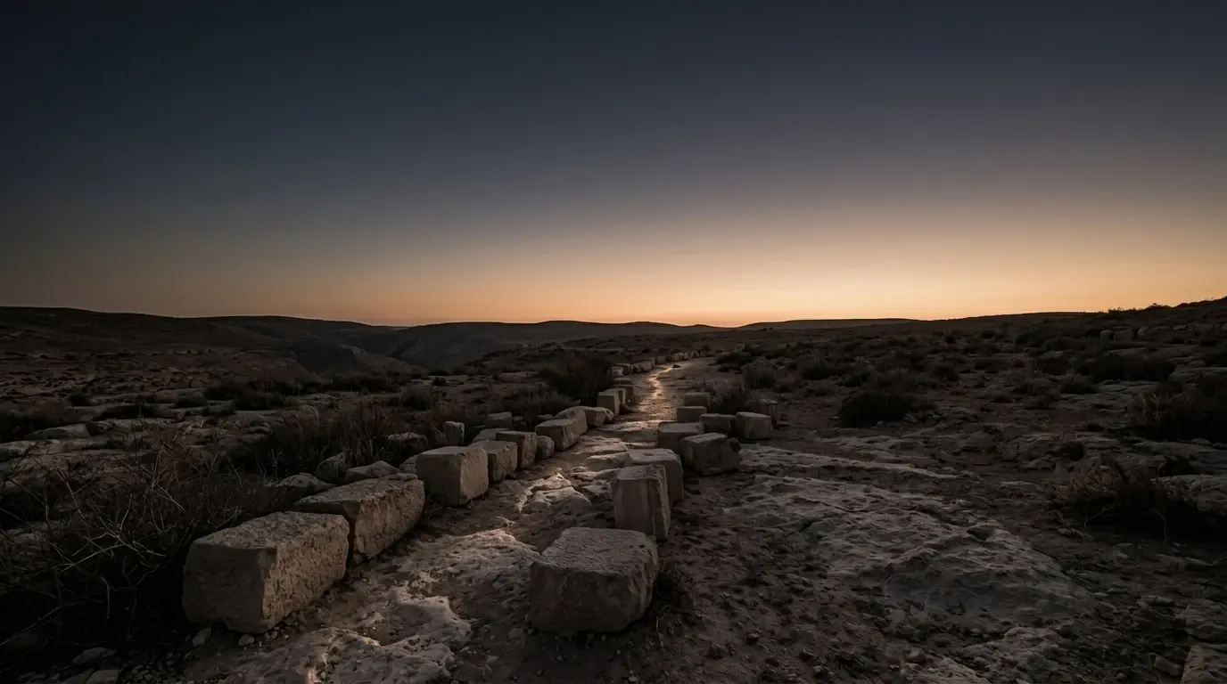 Great dressed limestone blocks lying tumbled apart on bare ground, their faces still square.