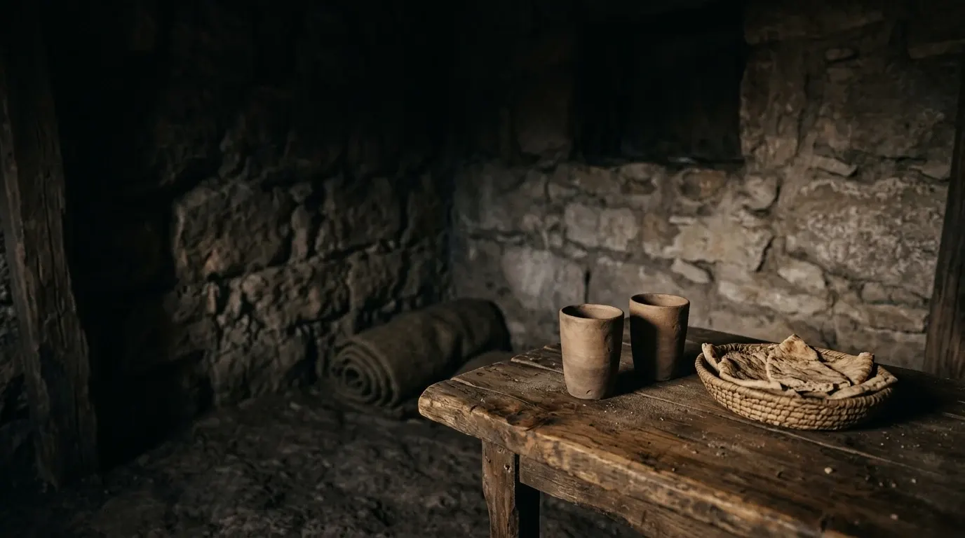 Two plain unglazed clay cups and a low basket of flat bread on a worn olive wood table.