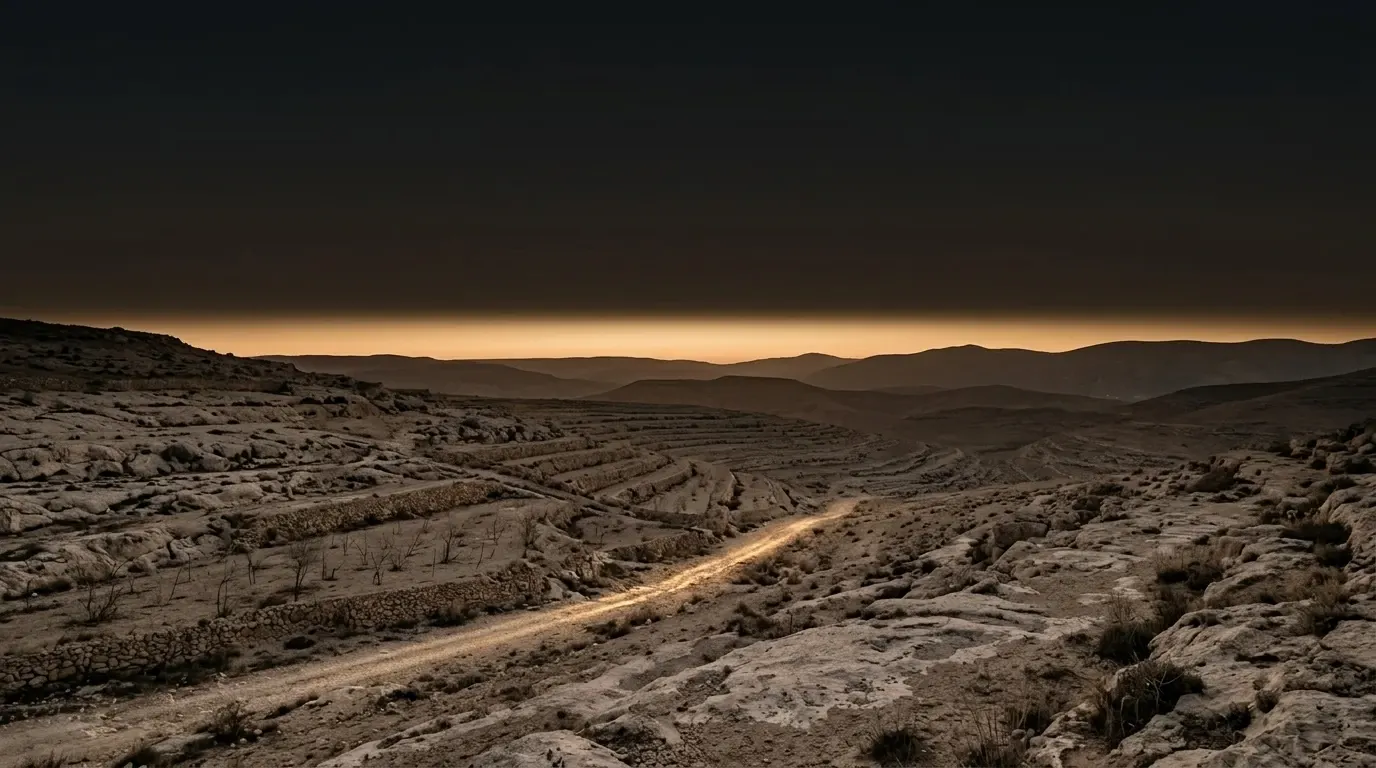 A wide dry plain of pale rock and dust under a sky gone dark at midday, the light drained out of the land.