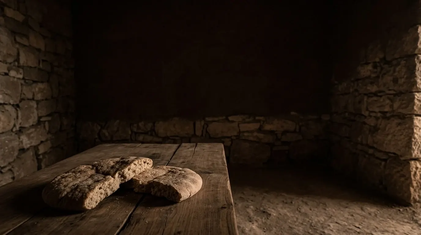 A round flat loaf of bread broken into two pieces on a plain olive wood table, the pieces lying where they fell.