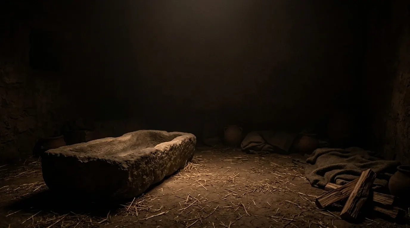 A rough stone feeding trough worn smooth on the inside, standing on a floor of packed earth strewn with dry straw.