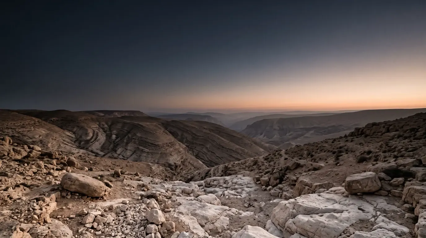 Bare folded limestone hills of the wilderness, with no path and no water.