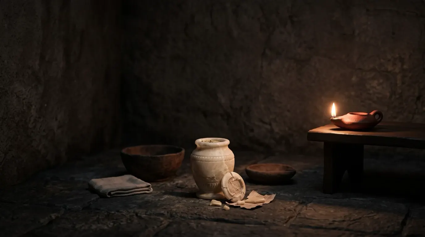 An alabaster jar with its seal broken on a stone floor beside a low table and a clay lamp.