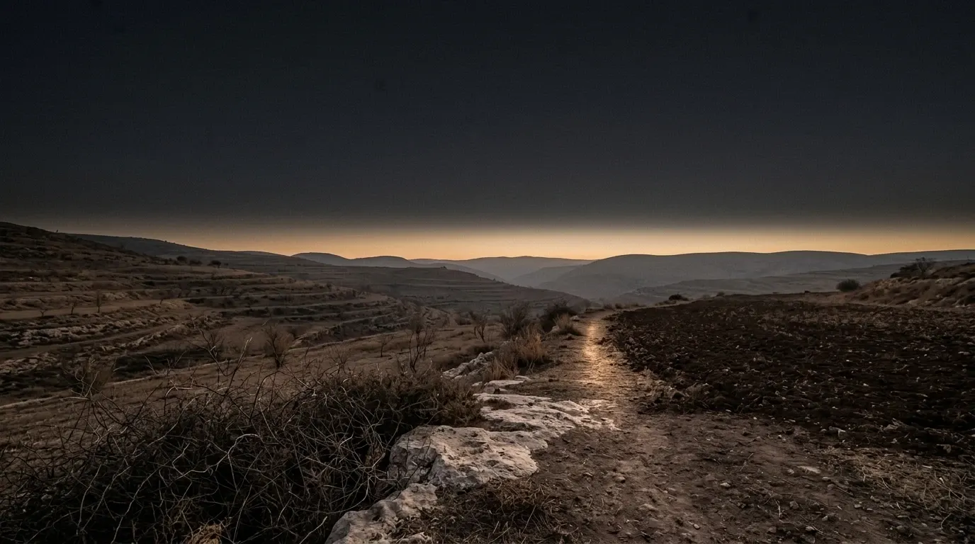 Dark freshly tilled earth beside a hard trodden path, with a shelf of bare rock and a patch of thorn scrub at its edge.