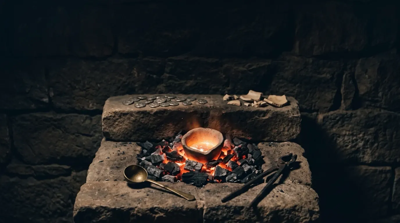 A small crucible of molten silver glowing in a bed of charcoal, tongs and a ladle beside it.