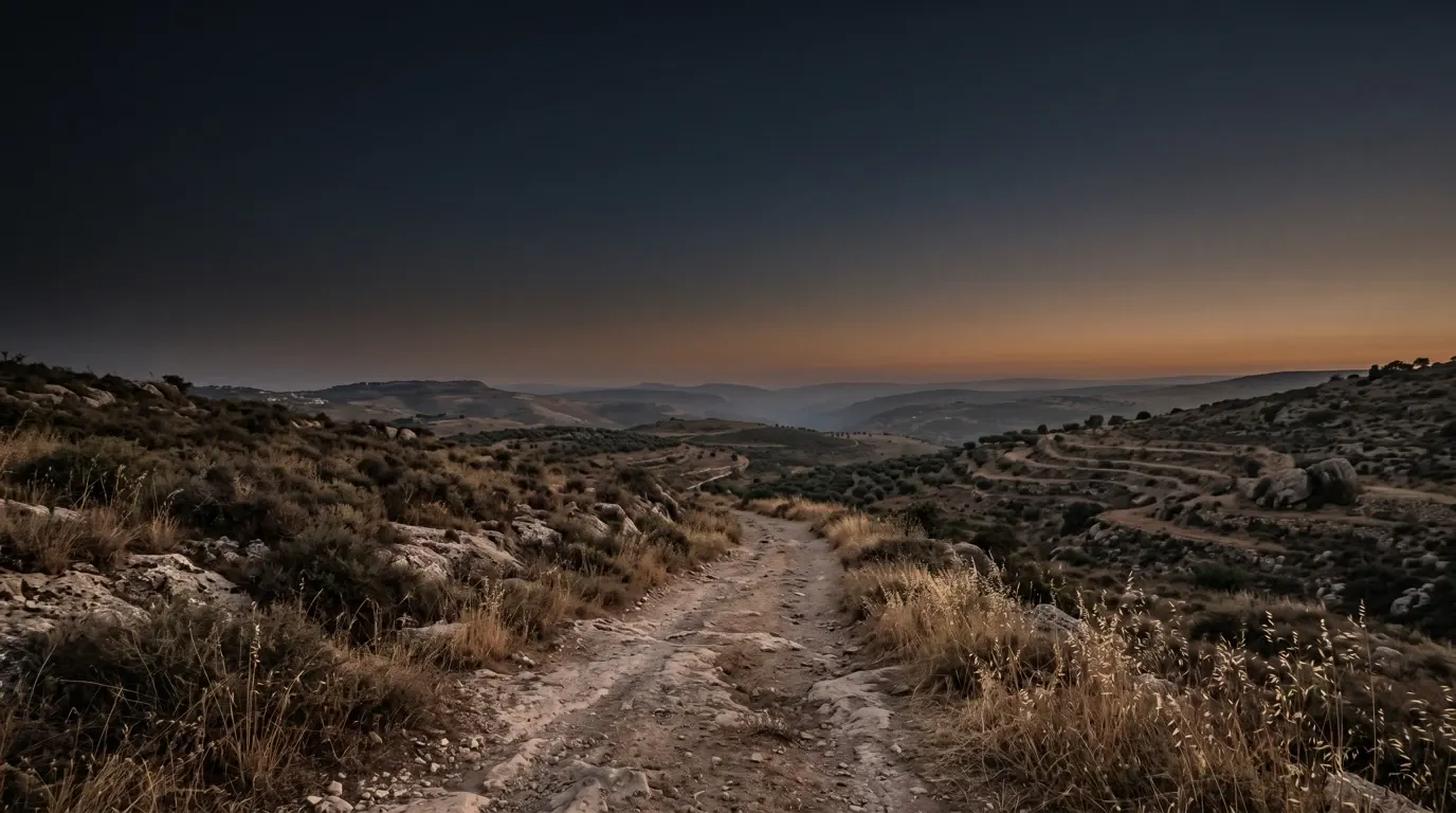 A narrow stony footpath leading away over the hills of Galilee.