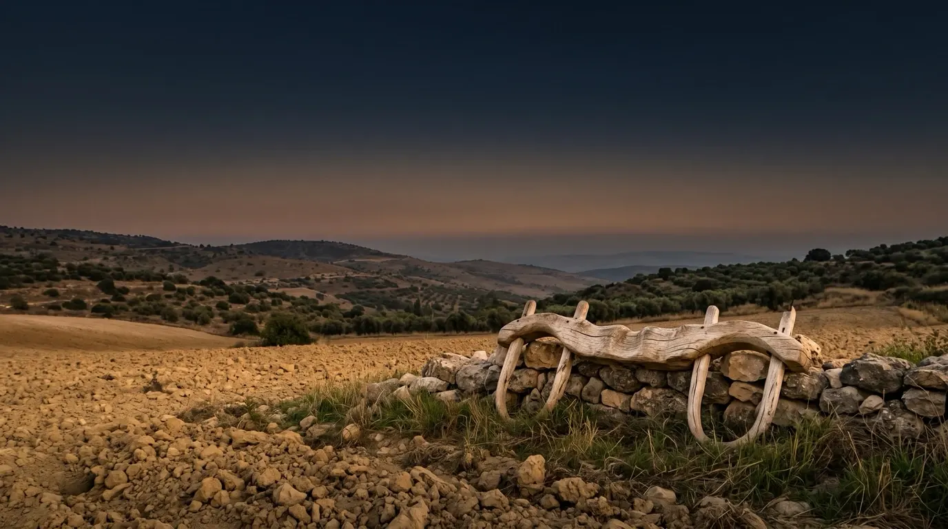 A worn wooden yoke resting on a low stone wall at the edge of a ploughed field.