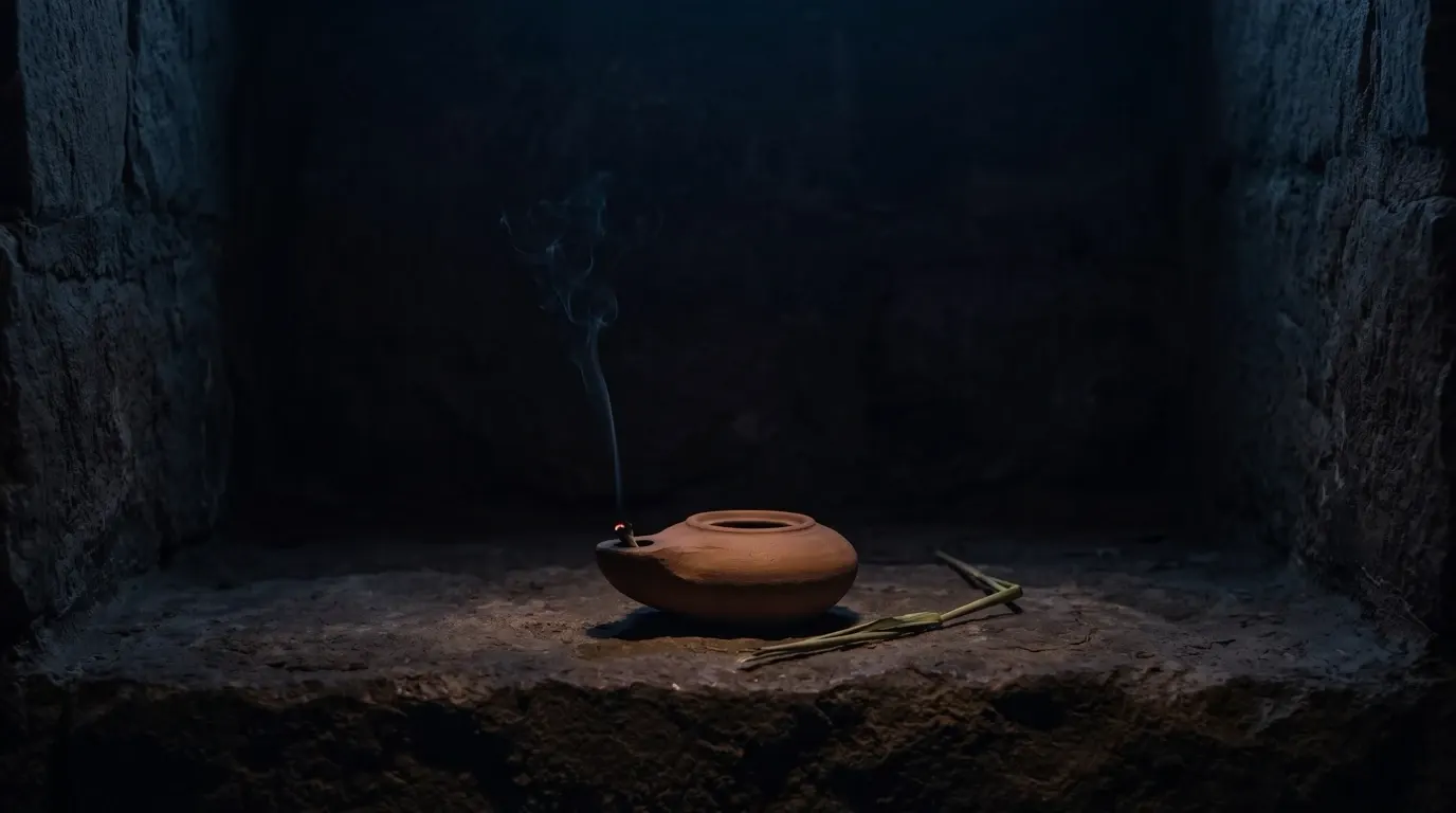 A thread of smoke rising from a clay lamp just gone out, a bruised reed lying beside it.
