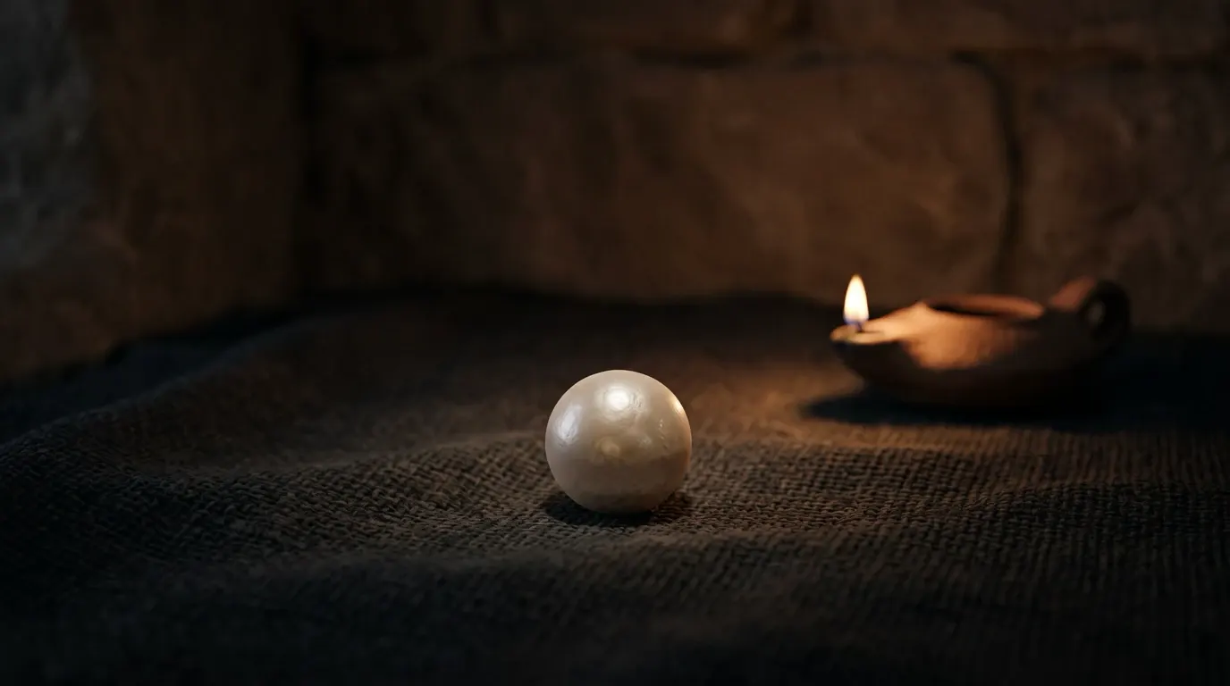 A single large pearl on a dark woven cloth beside a clay lamp.
