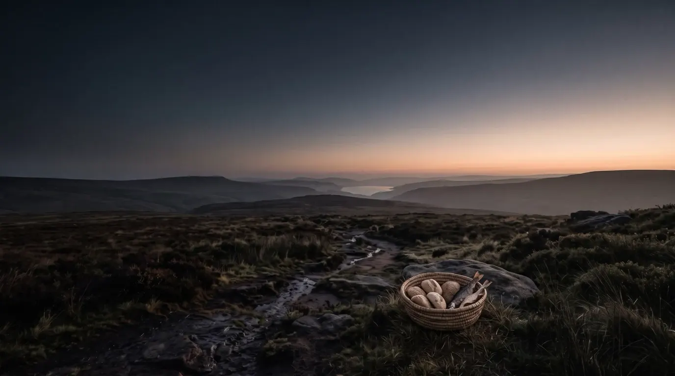 A basket of five small loaves and two dried fish on a slope above a lake.