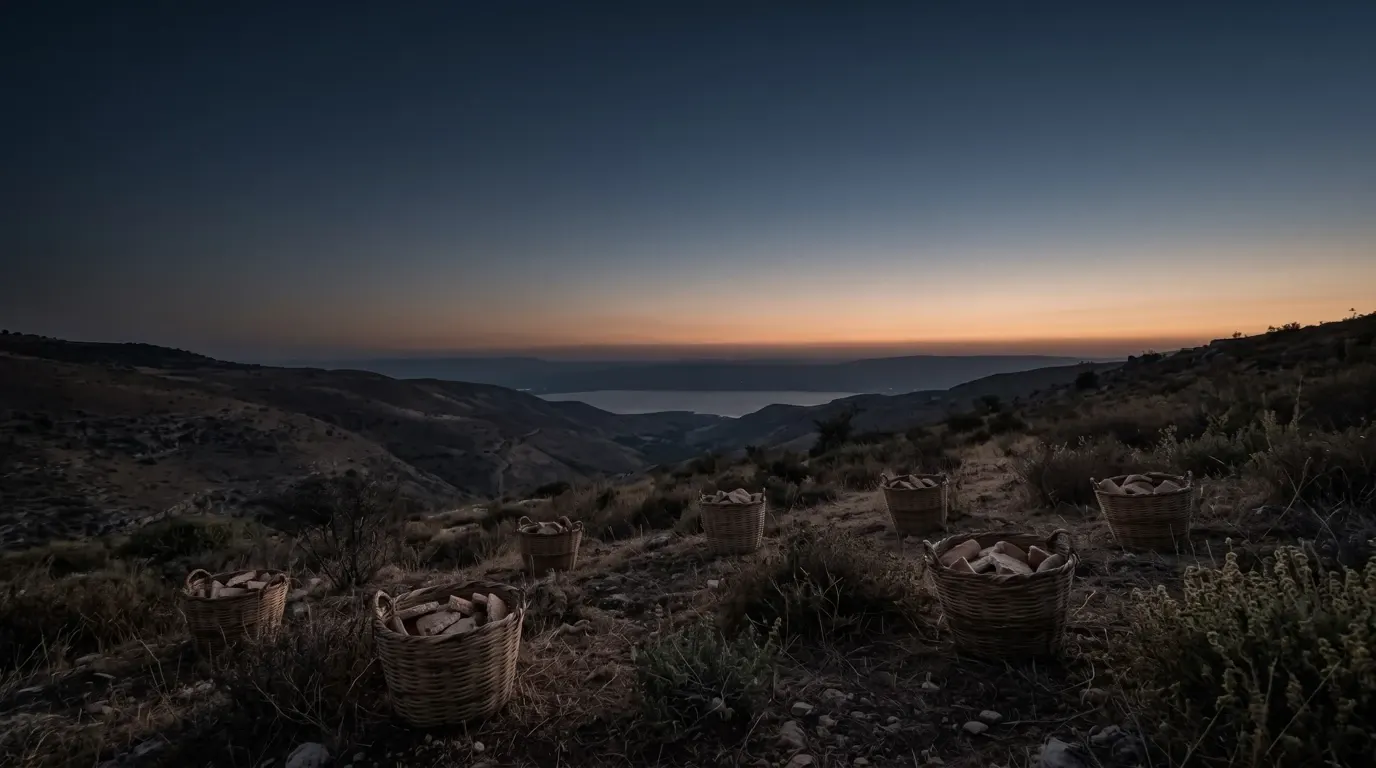 Seven baskets of broken bread scattered over a slope above the lake.