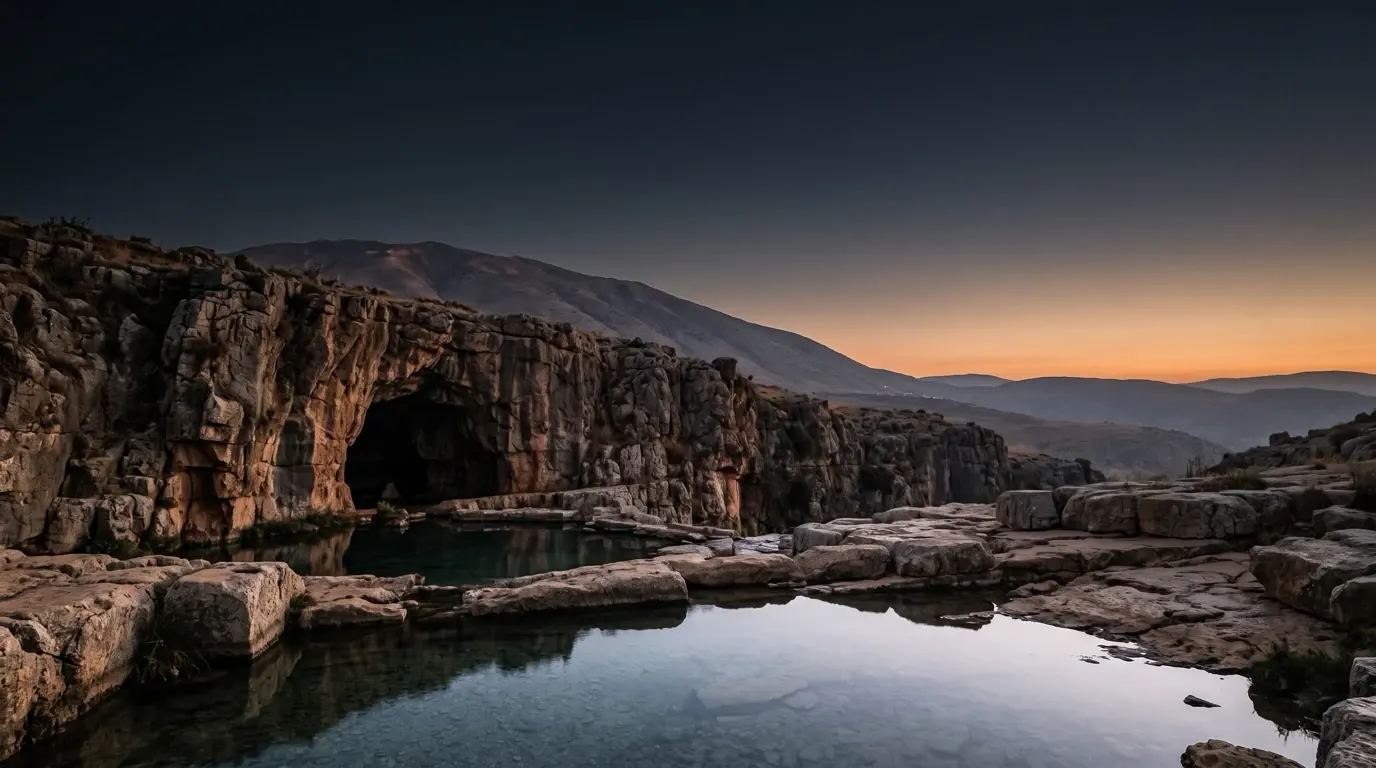 A great cliff with a dark cave in its face above clear springs, a high mountain beyond.