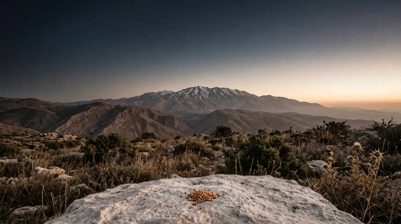 A few tiny mustard seeds on a flat stone, a great snow-streaked mountain beyond.