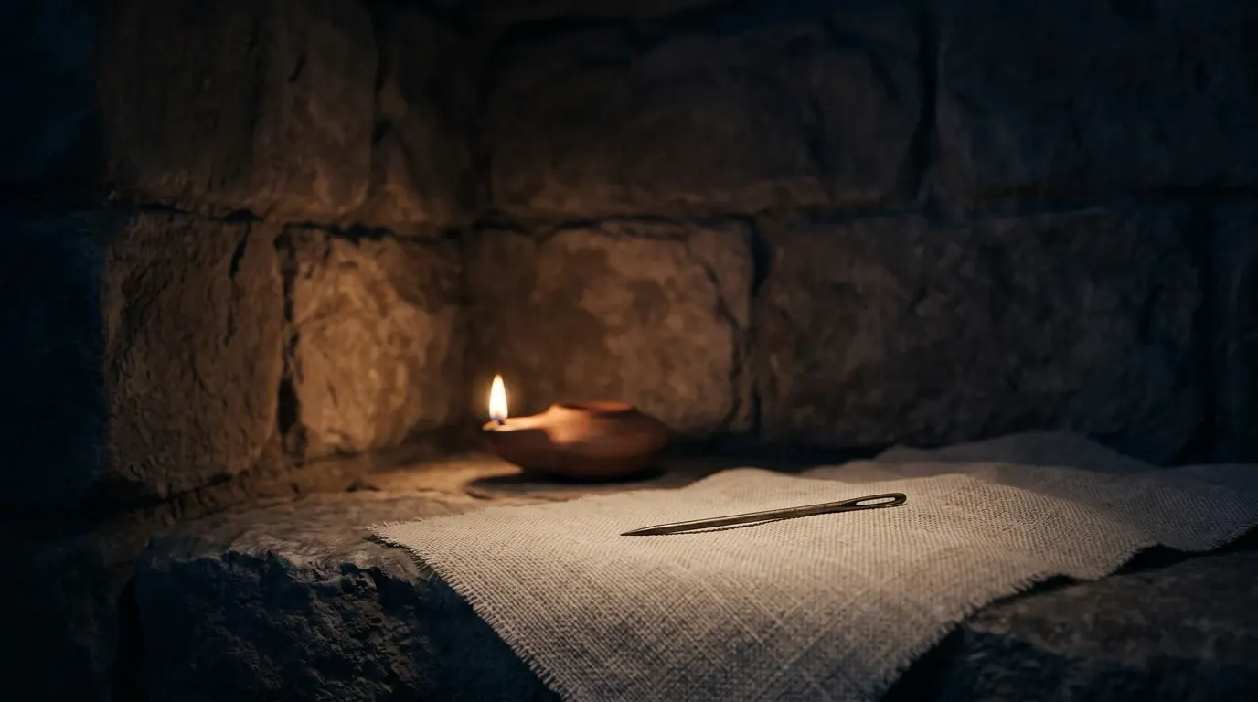 A single bronze needle on a woven cloth on a stone ledge beside a clay lamp.