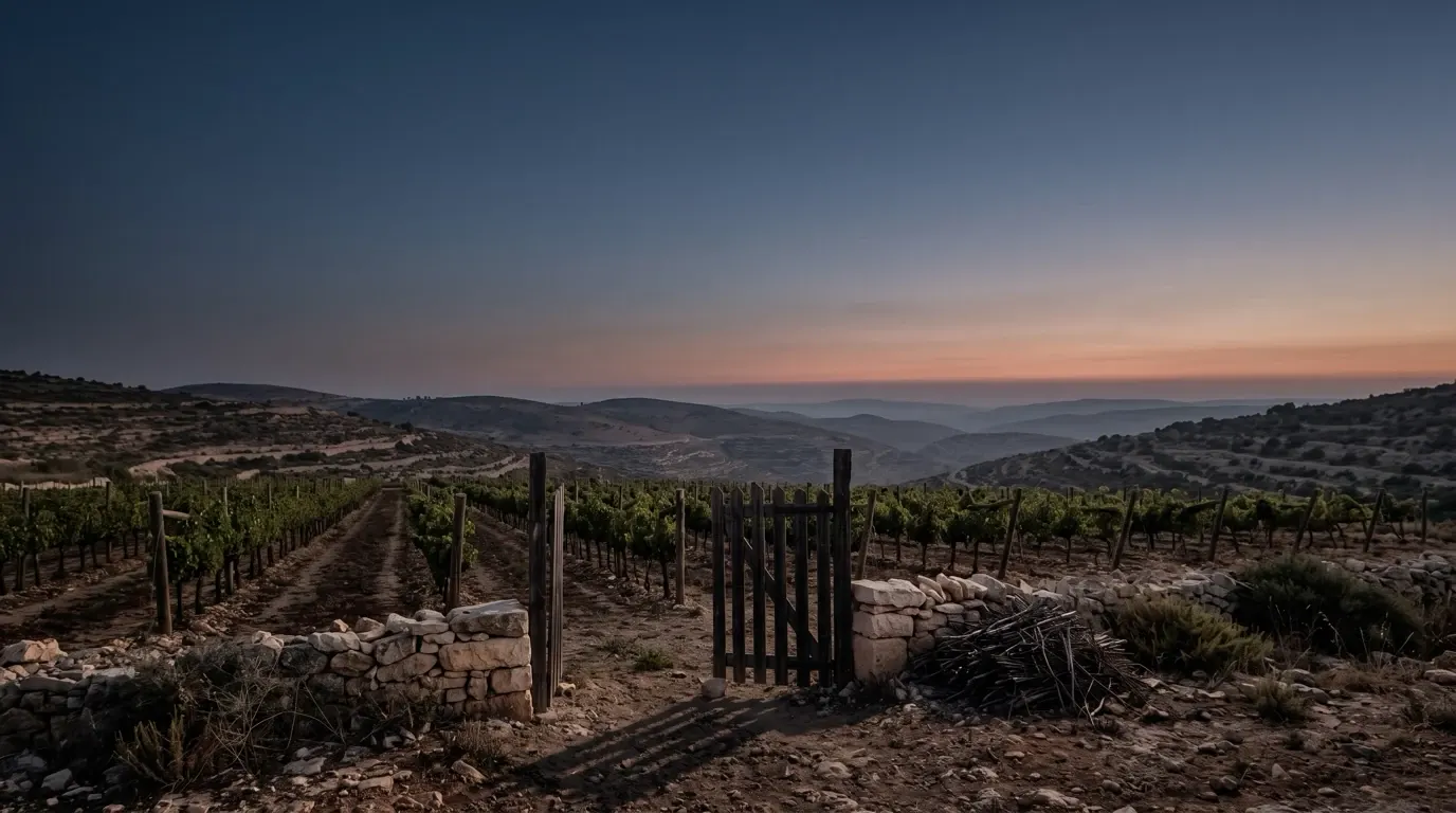 A vineyard gate standing open, rows of vines behind a low stone wall.