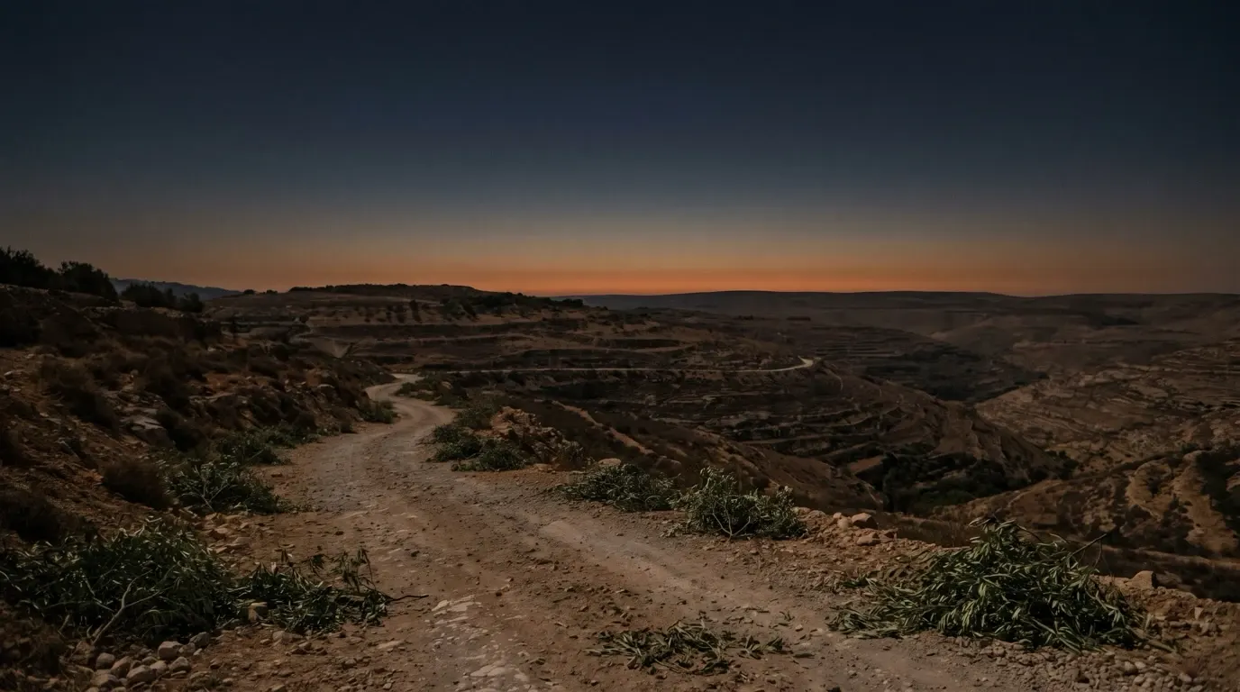 Cut green branches strewn along a dusty road climbing over the hills.