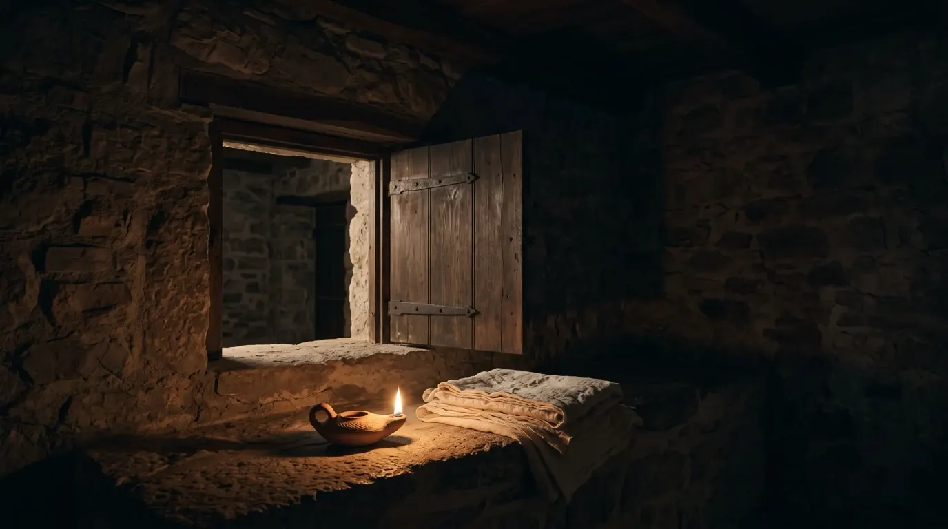 A folded white garment laid on a stone bench by an open wooden shutter.
