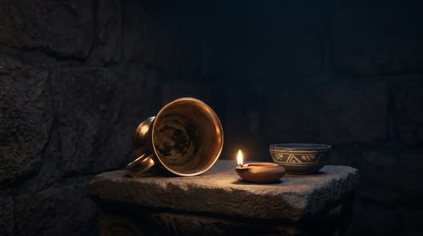 A bronze cup bright outside and stained within, on a stone ledge beside a lamp and a painted bowl.
