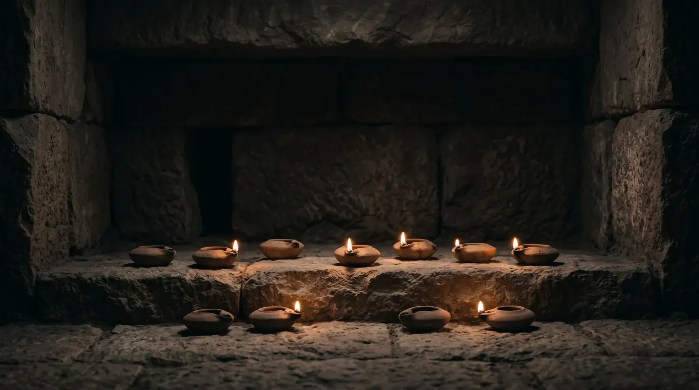 Ten small clay lamps on a stone ledge, some burning and some gone out.