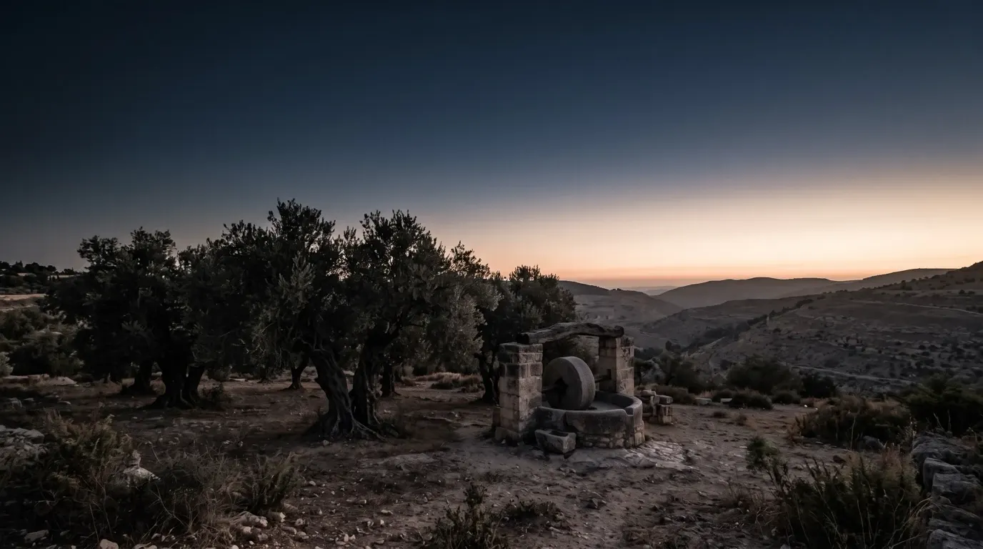 A stone olive press and its crushing wheel under very old olive trees.