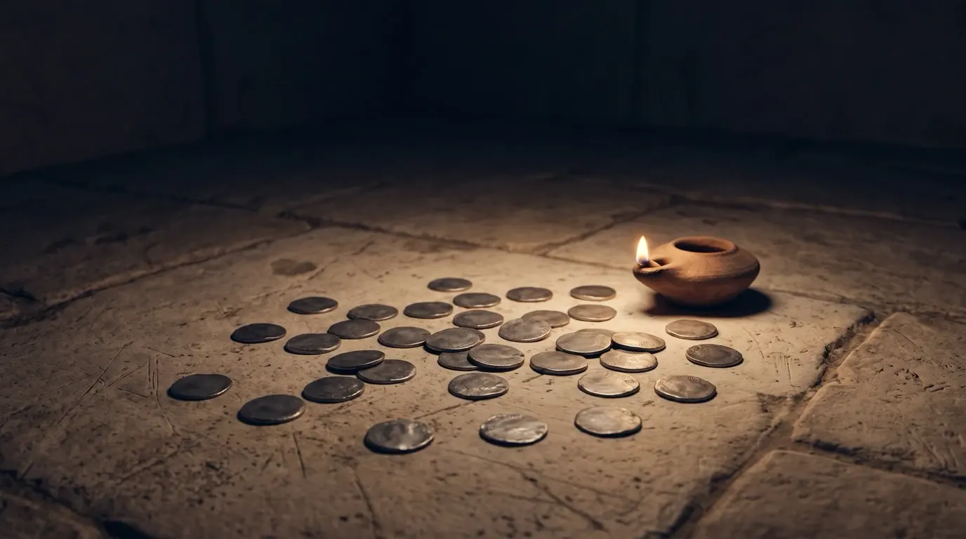 Thirty plain silver pieces scattered across a stone floor beside a clay lamp.