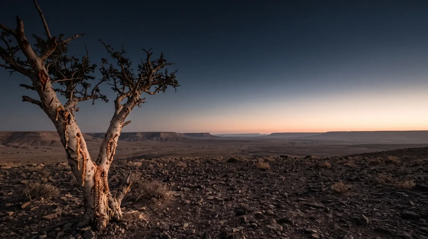 A desert incense tree with amber resin running from cuts in its pale bark, open stony country beyond.