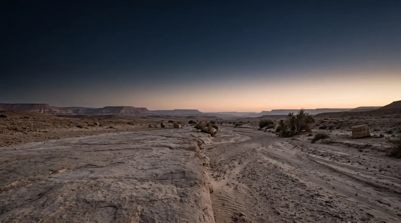 A shelf of bare bedrock beside the loose rippled sand of a dry flood channel.