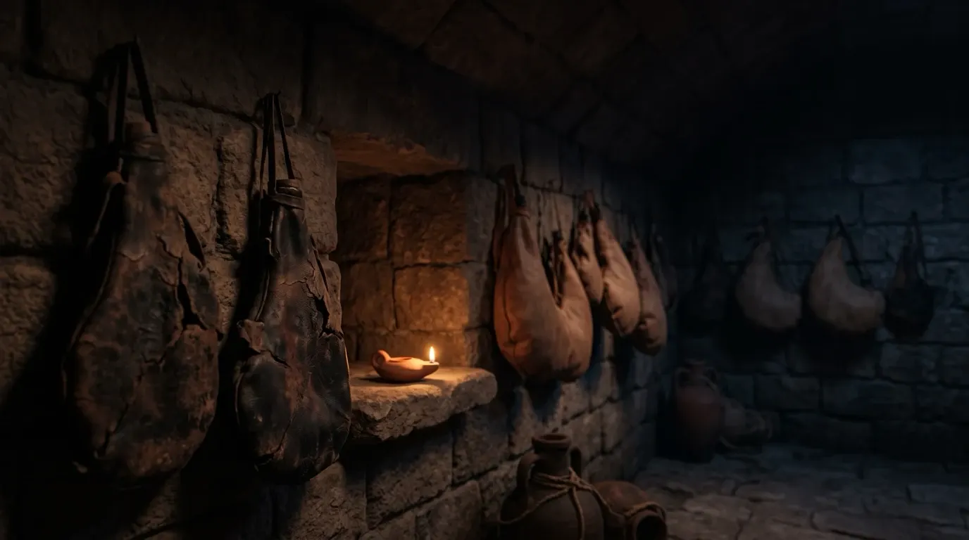 Old cracked wineskins and new supple ones hanging along a stone wall.