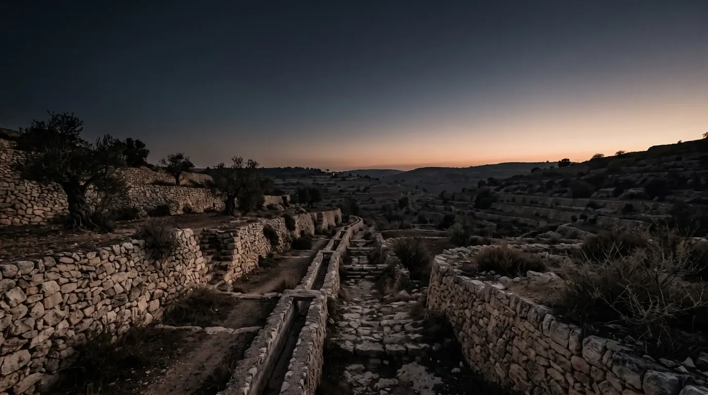 Terraced fields and a stone channel in the hills, the town out of sight.