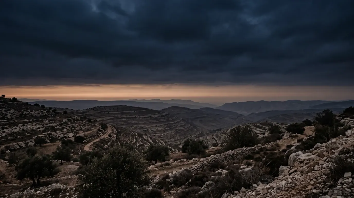 Old mountains under a heavy sky, their ridges running away one behind another.