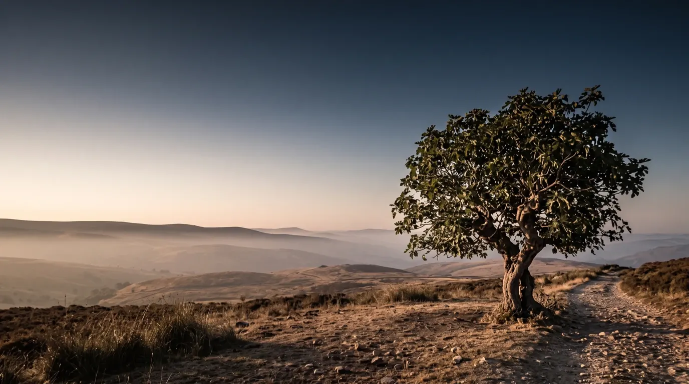 An old fig tree in full leaf standing alone beside a stony track.