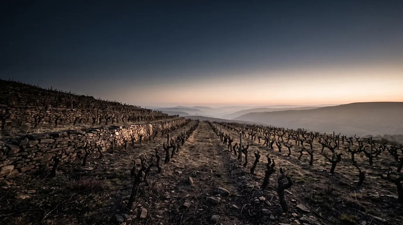 A hillside of old vines on low dry-stone terraces, the rows running away along the slope.
