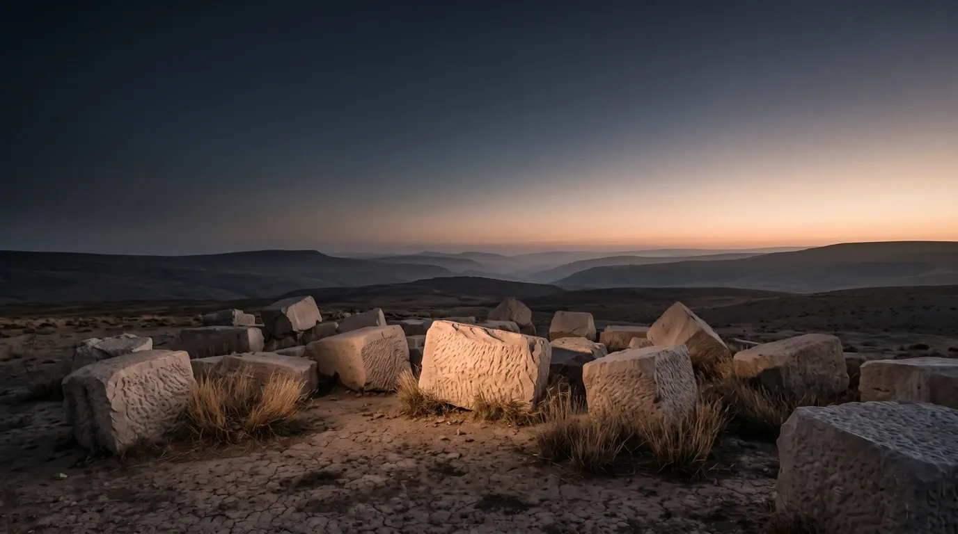 Enormous tooled blocks of pale dressed stone lying scattered on bare open ground.