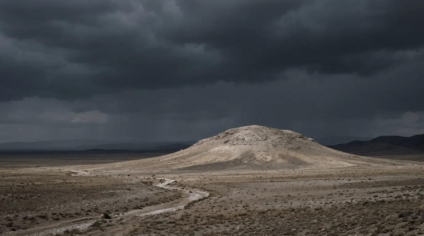 A bare low rounded hill of pale rock on empty ground under a darkening sky.