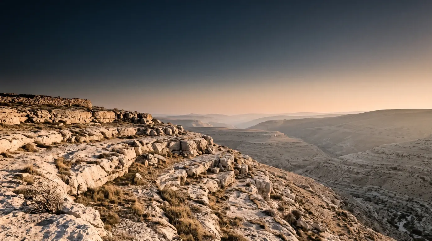 A shelf of pale dry limestone above a wide valley, thin grass in the cracks.