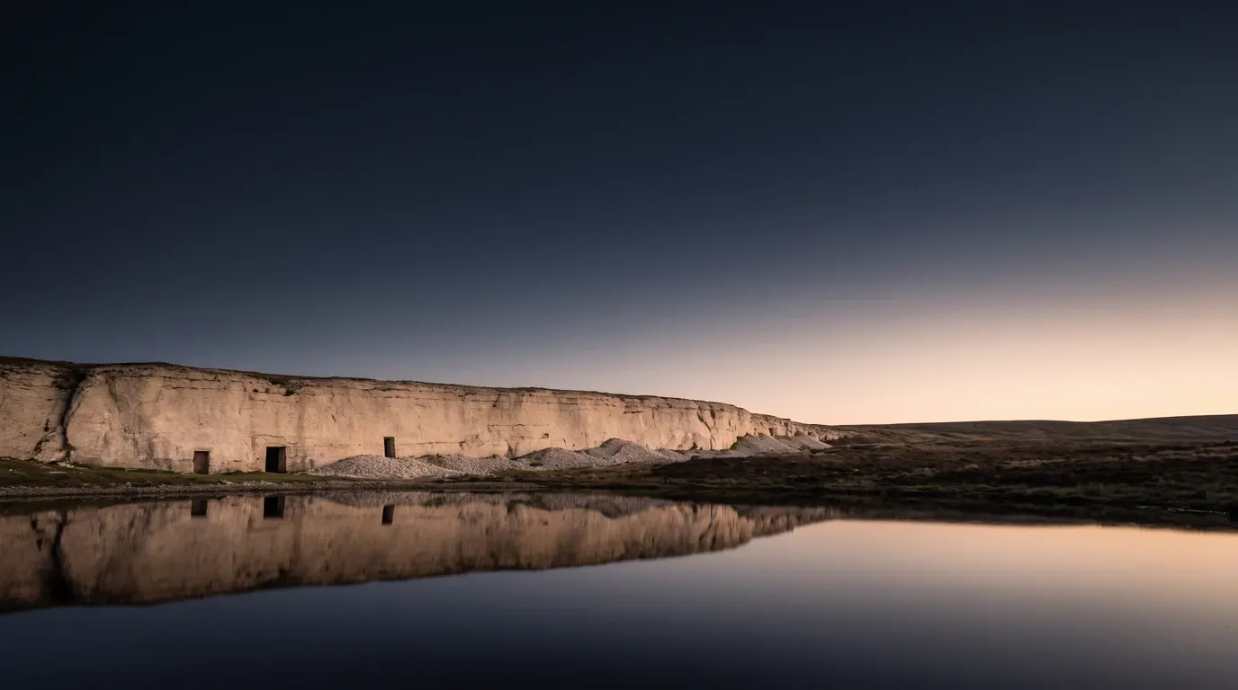 A long low escarpment of pale limestone above still water, simple dark openings cut low into the rock.